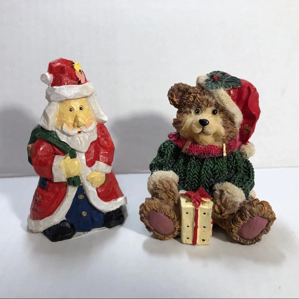 Christmas Santa and Bear in Hat with Present Tabletop Figurines
